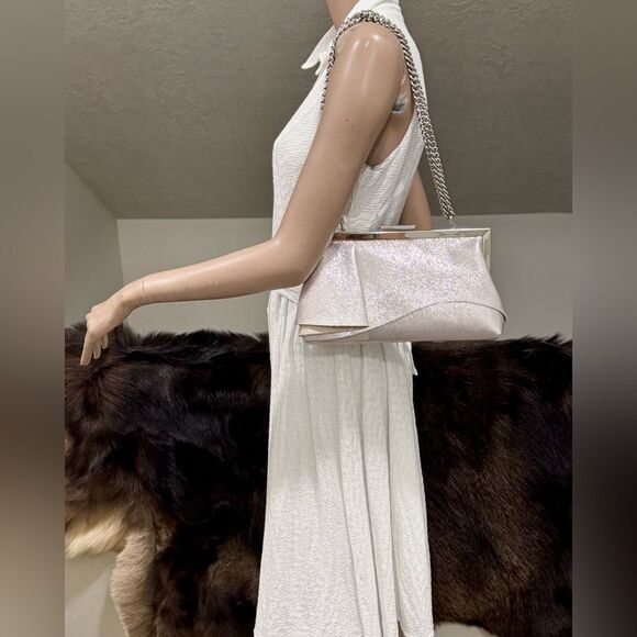 Metallic Pink Leather Handmade Asymmetrical Ruffles, Push Lock Clutch/Crossbody - Picture 6 of 14